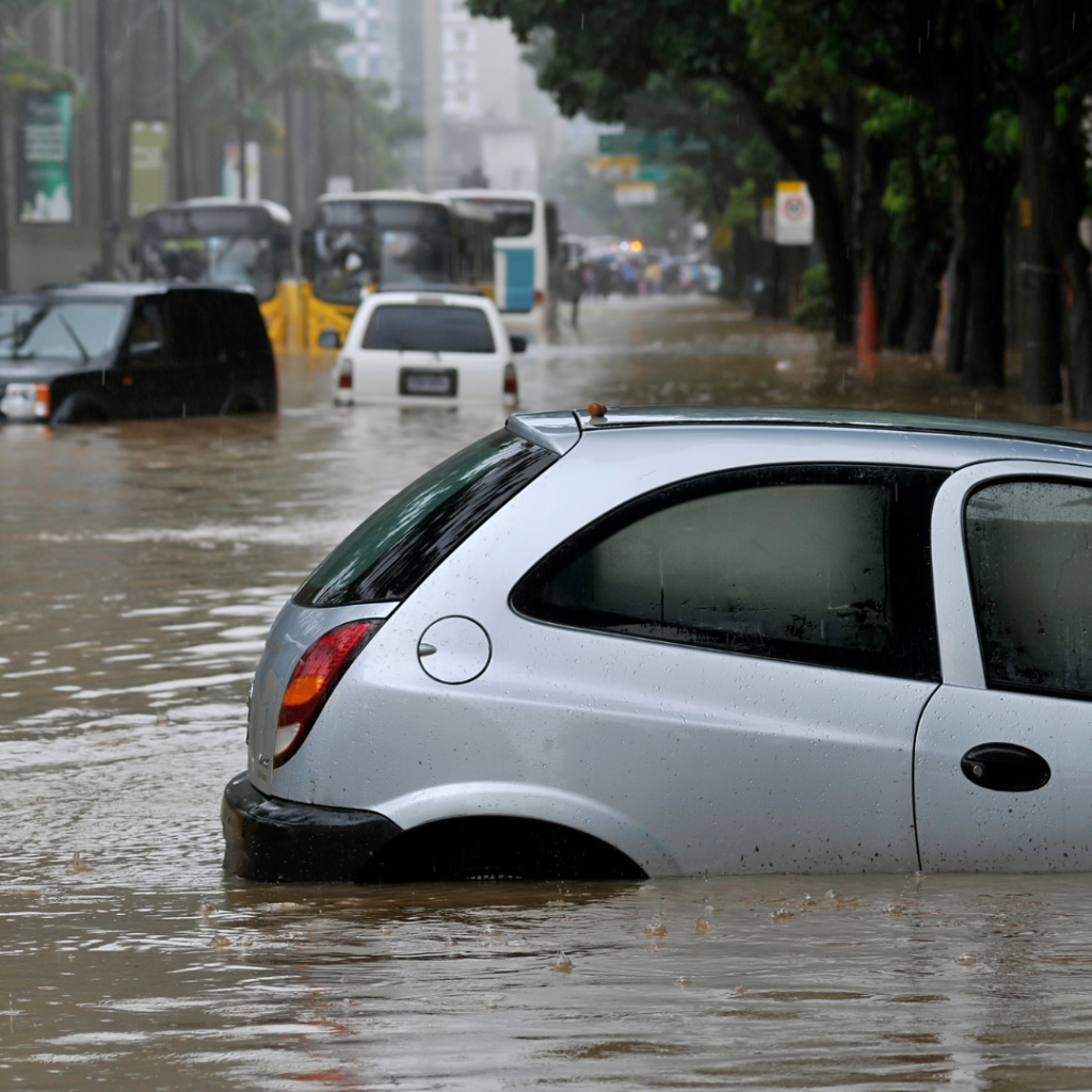 A car submerged in water in the street from intense flooding.