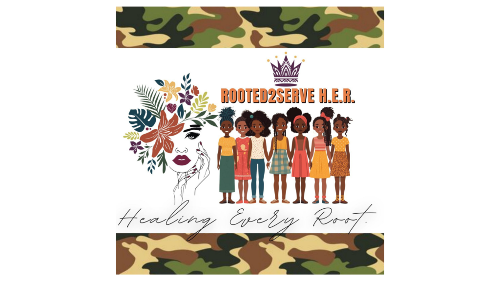 Logo asset for Queen of Kink's Rooted 2 Serve H.E.R. initiative.