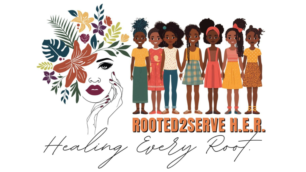 Logo asset for Queen of Kink's Rooted 2 Serve H.E.R. initiative.