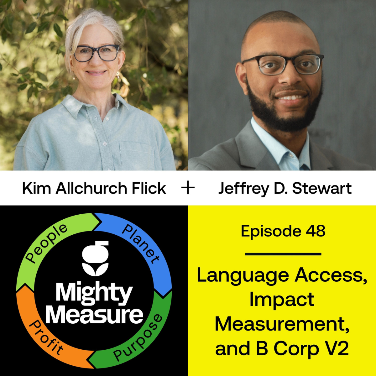 Mighty Measure Podcast Appearance Headshots of Kim Allchurch-Flick and Jeffrey D. Stewart announcing Jeffrey's podcast appearance in episode 148.