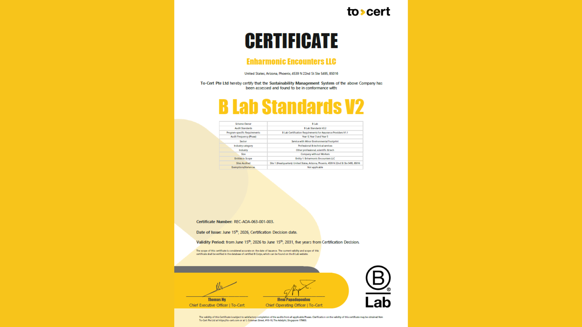 To-Cert Certificate Certificate from To-Cert confirming that we have met the requirements for V2 as a Certified B Corporation.